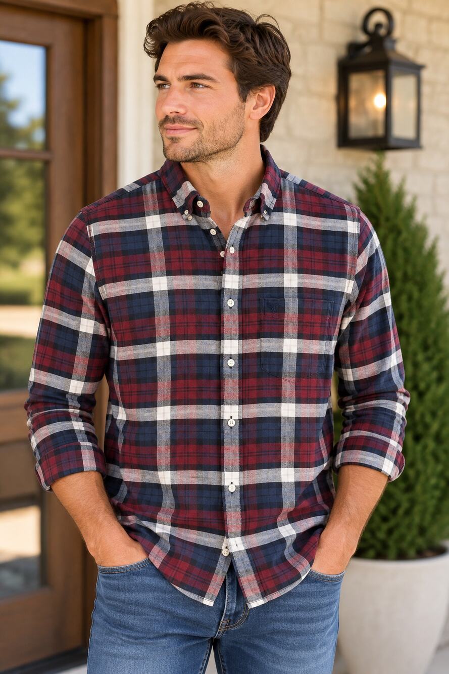 American Eagle Men’s M Classic Fit Plaid Button Up Shirt Burgundy Navy